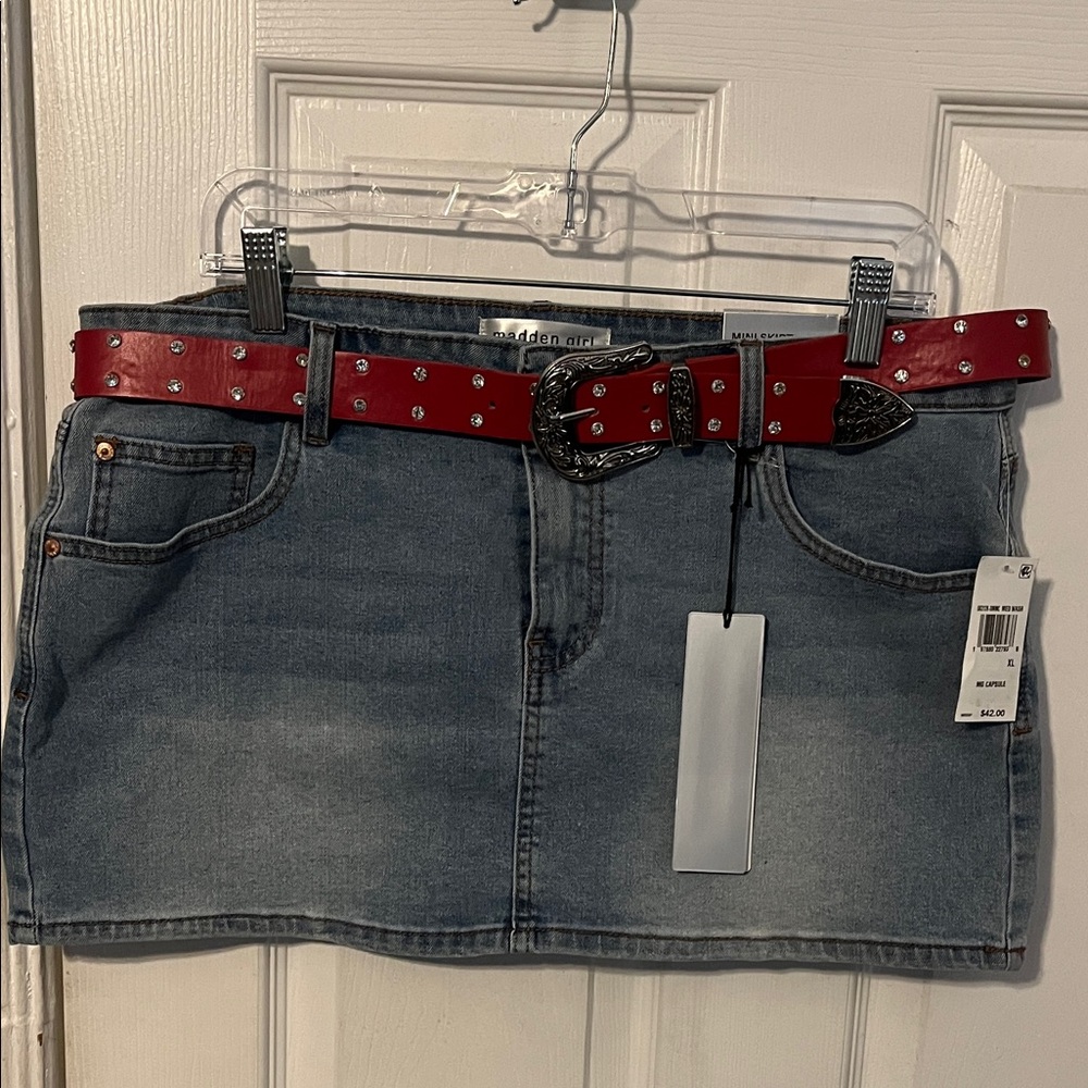 Madden Girl Denim Mini Skirt with Red Studded Belt